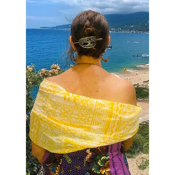 NWT Trades of Hope Yellow White Cotton Handmade Block Printed Cotton Scarf India - Picture 8 of 9